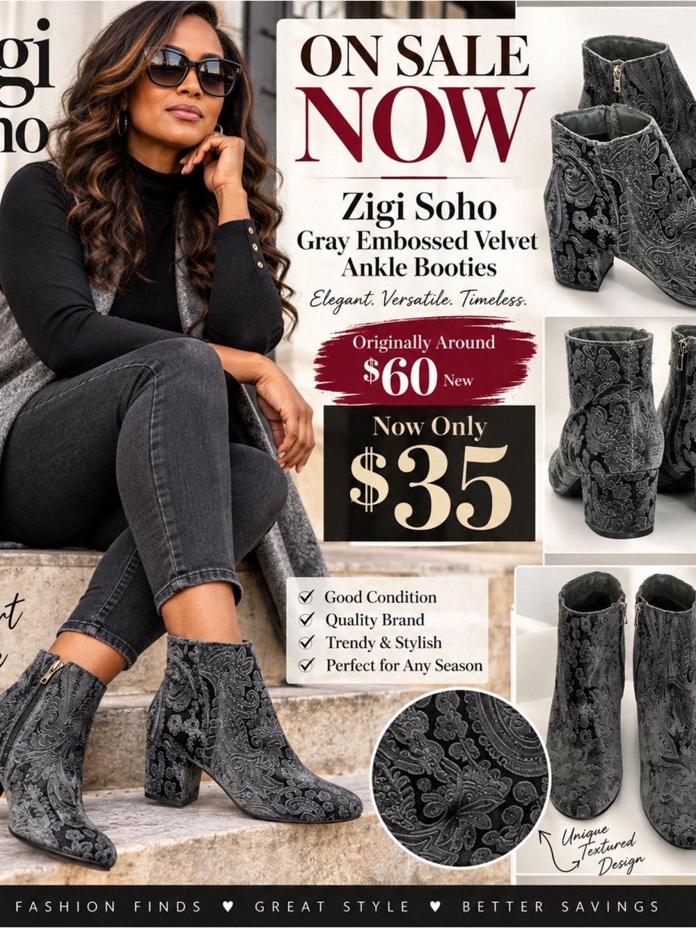 Zigi Soho Gray Embossed Velvet Ankle Booties
